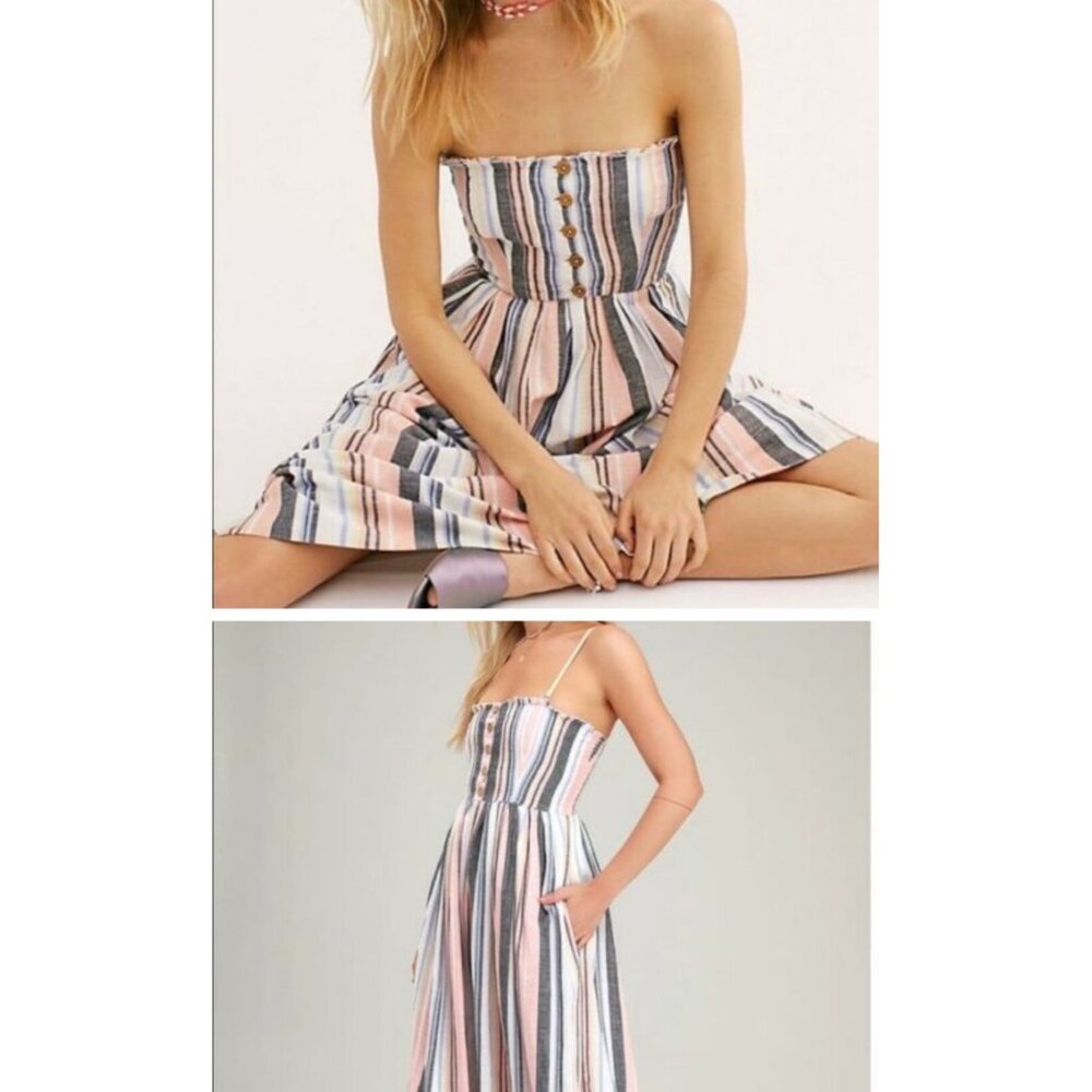 Free People Striped Midi Dress With Button Front & Smocked Back‎ Women’s M